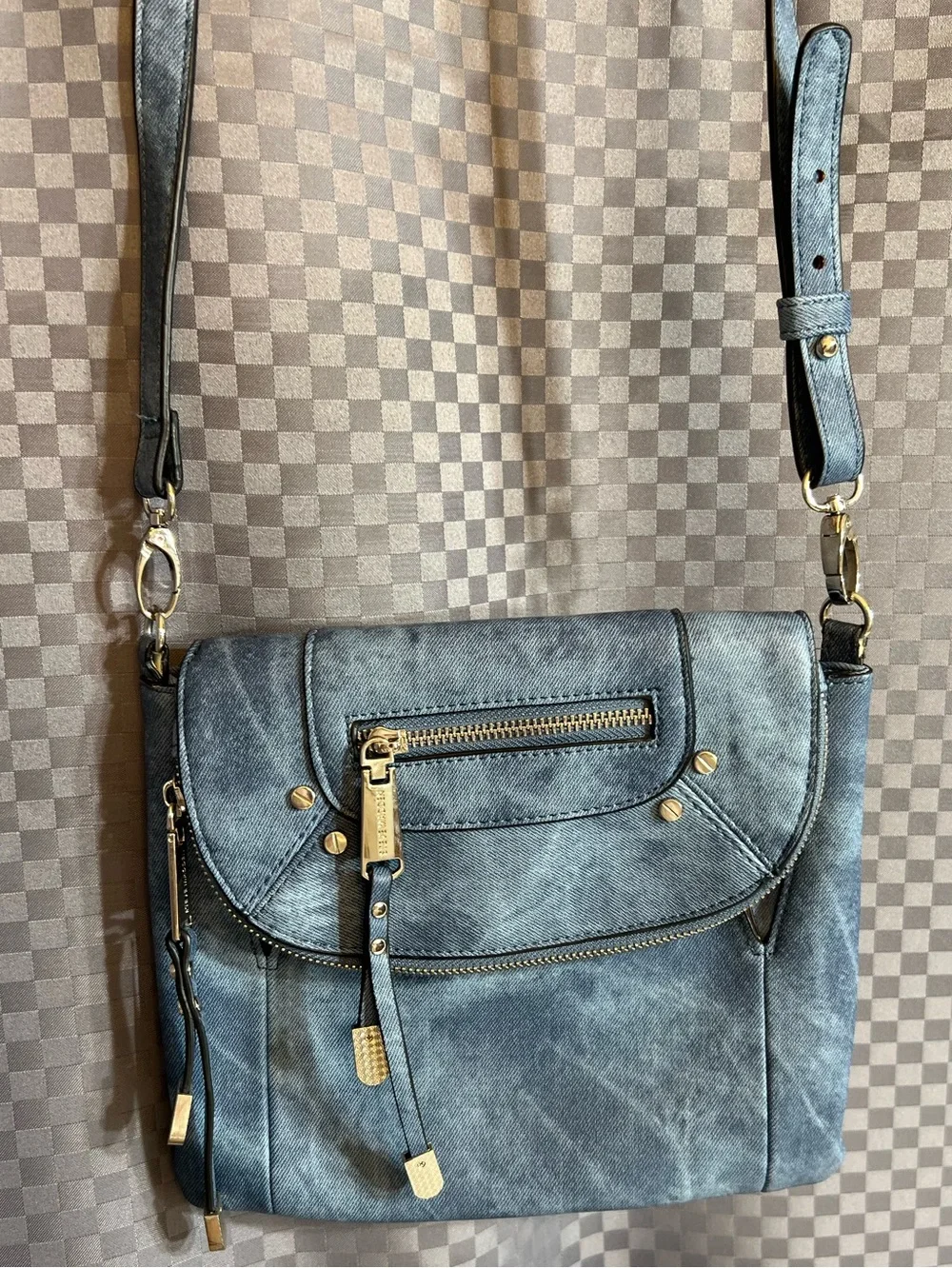 STEVE MADDEN Denim Blue Crossbody Flap Purse Bag Faux Leather Metallic Studs